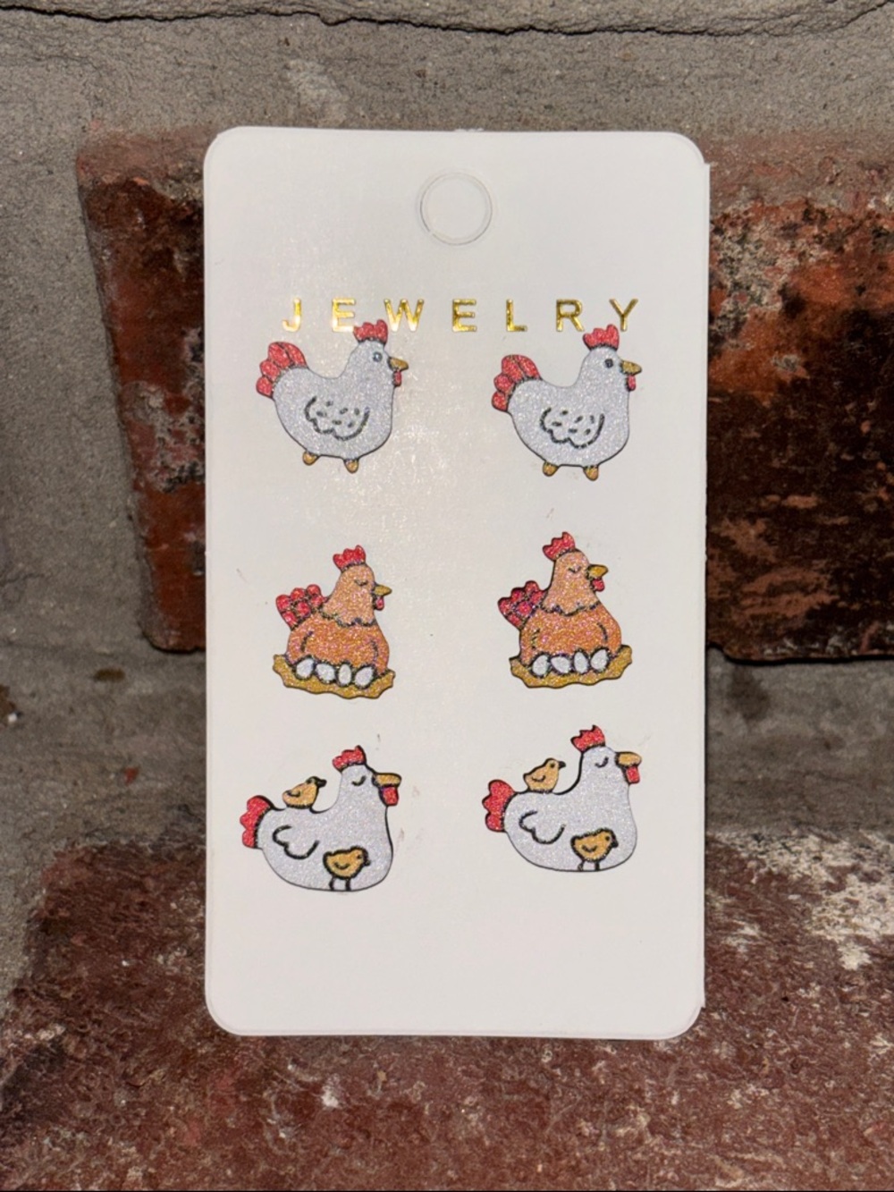 Chicken Themed Stud Earring Set -Hens Chicks Rooster Fun Novelty 3 Set Bundle